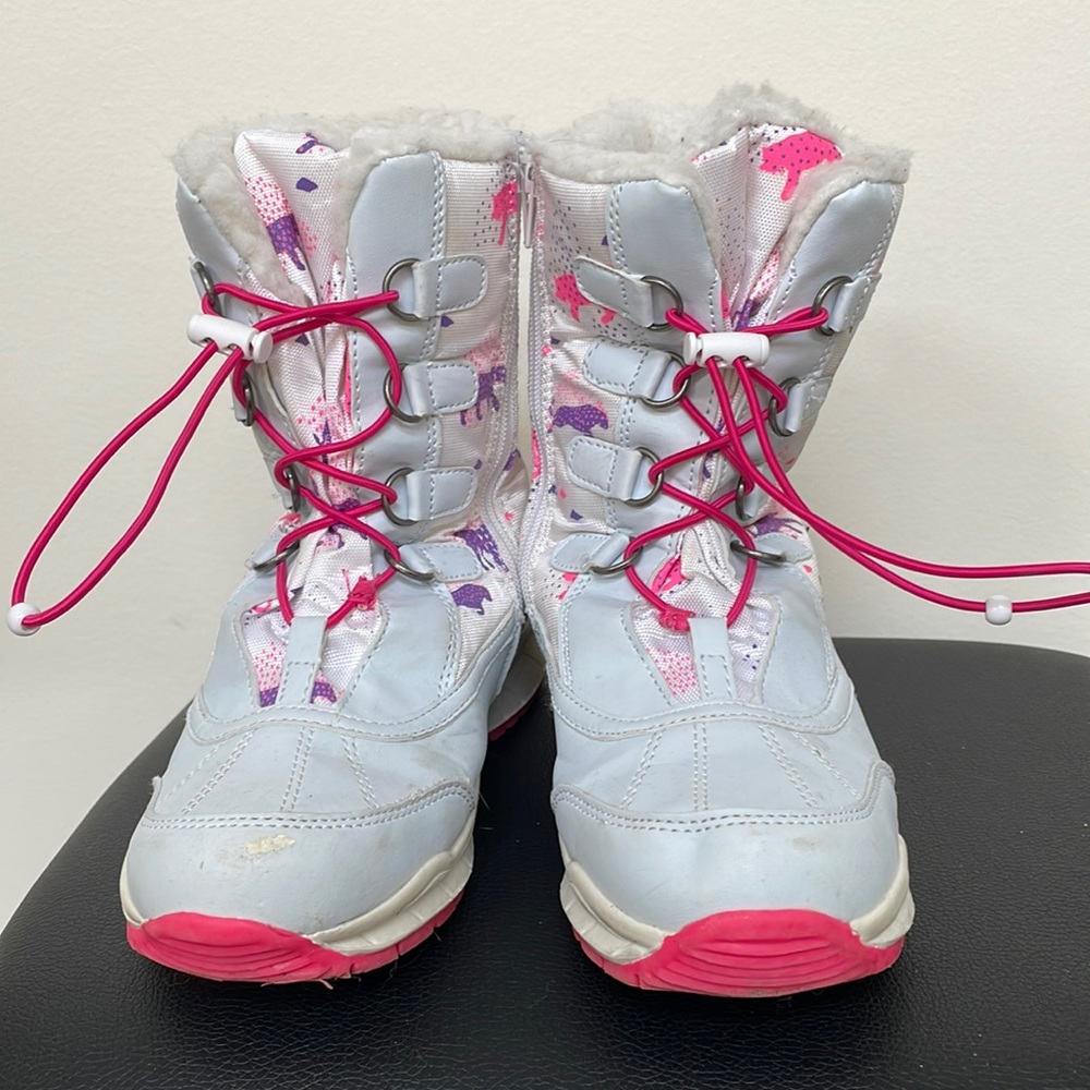 Kids snow boots | size 2 little kid | white/ pink | animal print